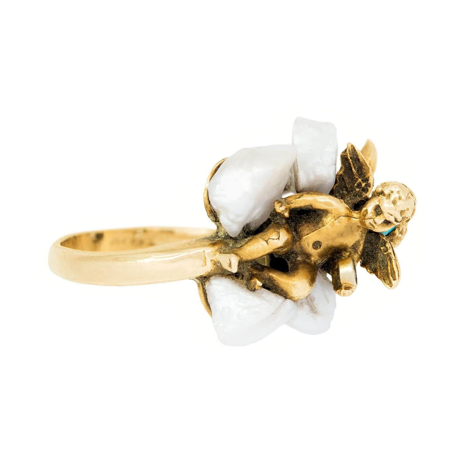 Retro 14k Turquoise, Diamond, and Pearl Cherub Ring