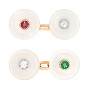 Edwardian 14k/Platinum Mother of Pearl, Diamond, Ruby, and Emerald Cufflinks
