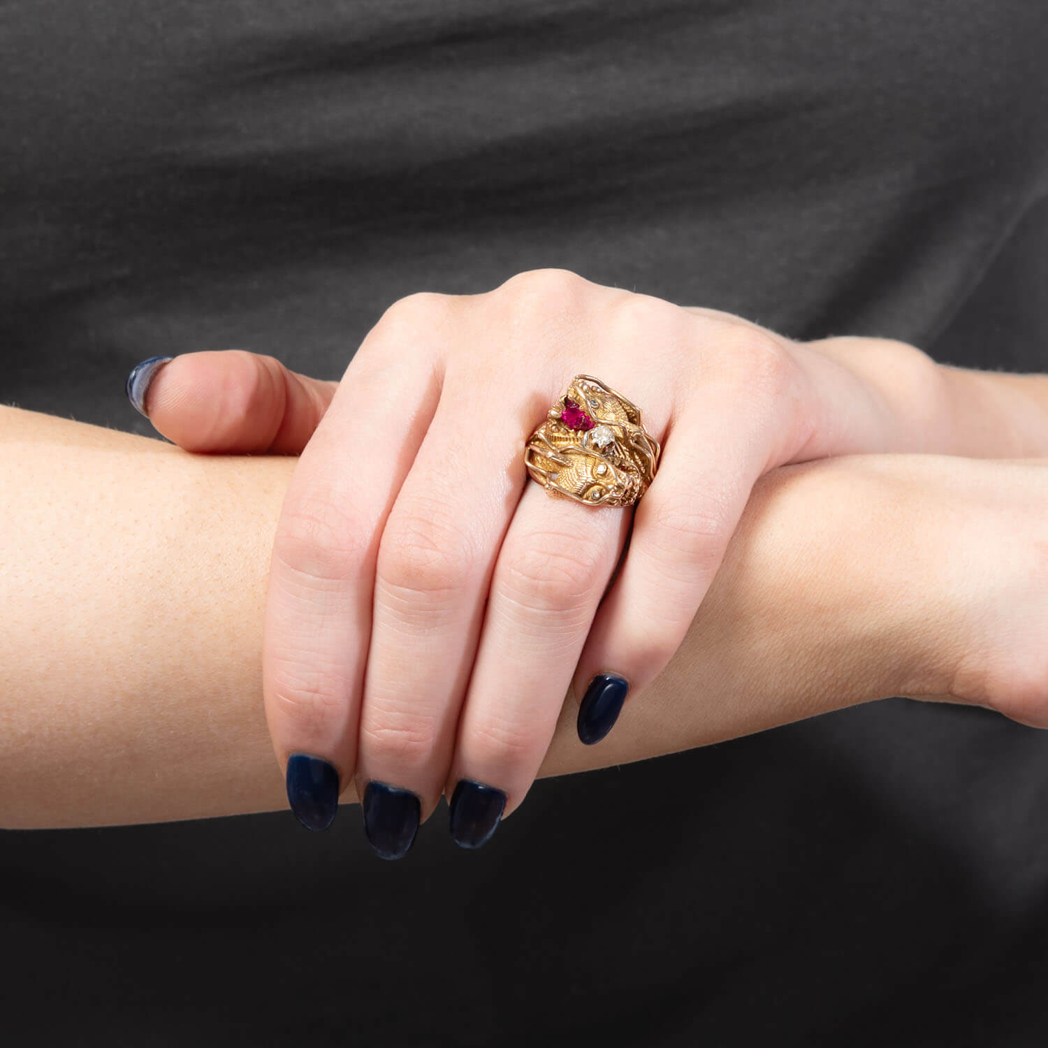 Vintage 14k Diamond and Ruby Dragon Ring