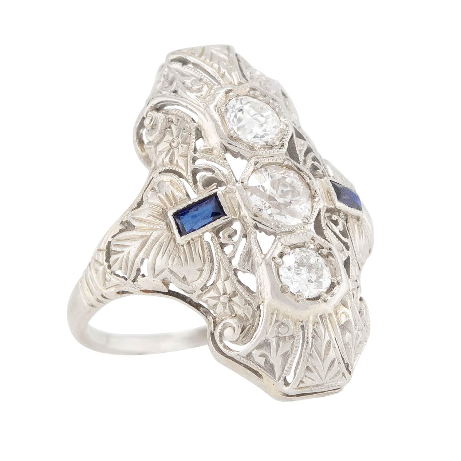 Art Deco 18K Diamond and Sapphire Navette Ring