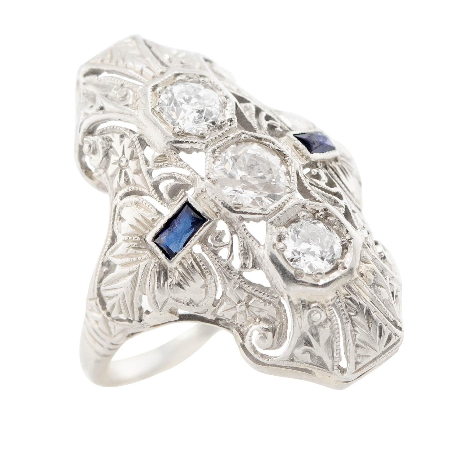 Art Deco 18K Diamond and Sapphire Navette Ring