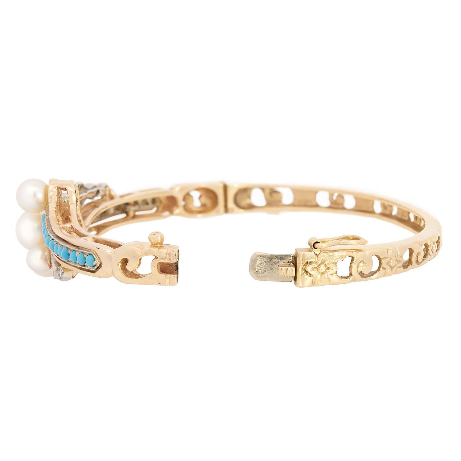 Victorian 14k Pearl, Turquoise, and Diamond Bangle