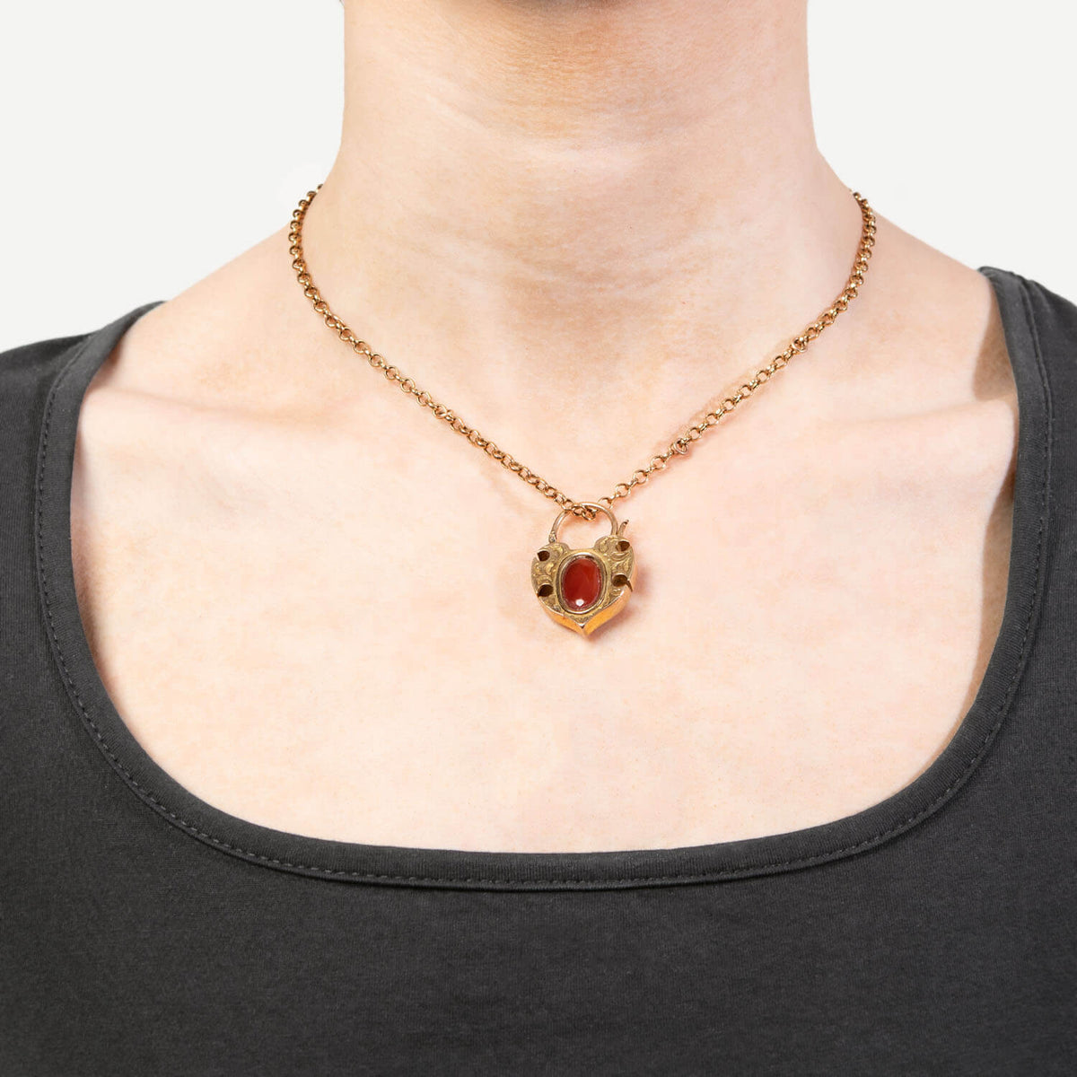 Victorian 14k/Sterling Silver Coral & Diamond Padlock Heart Pendant Necklace