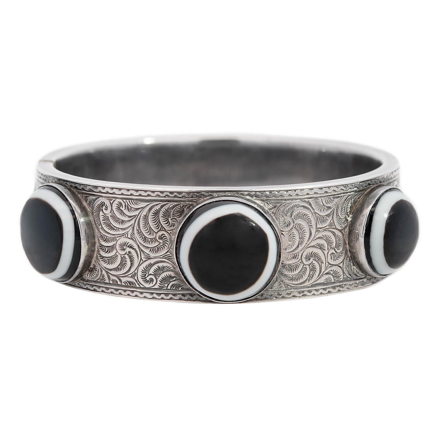 Victorian Sterling Silver Banded Agate Bangle