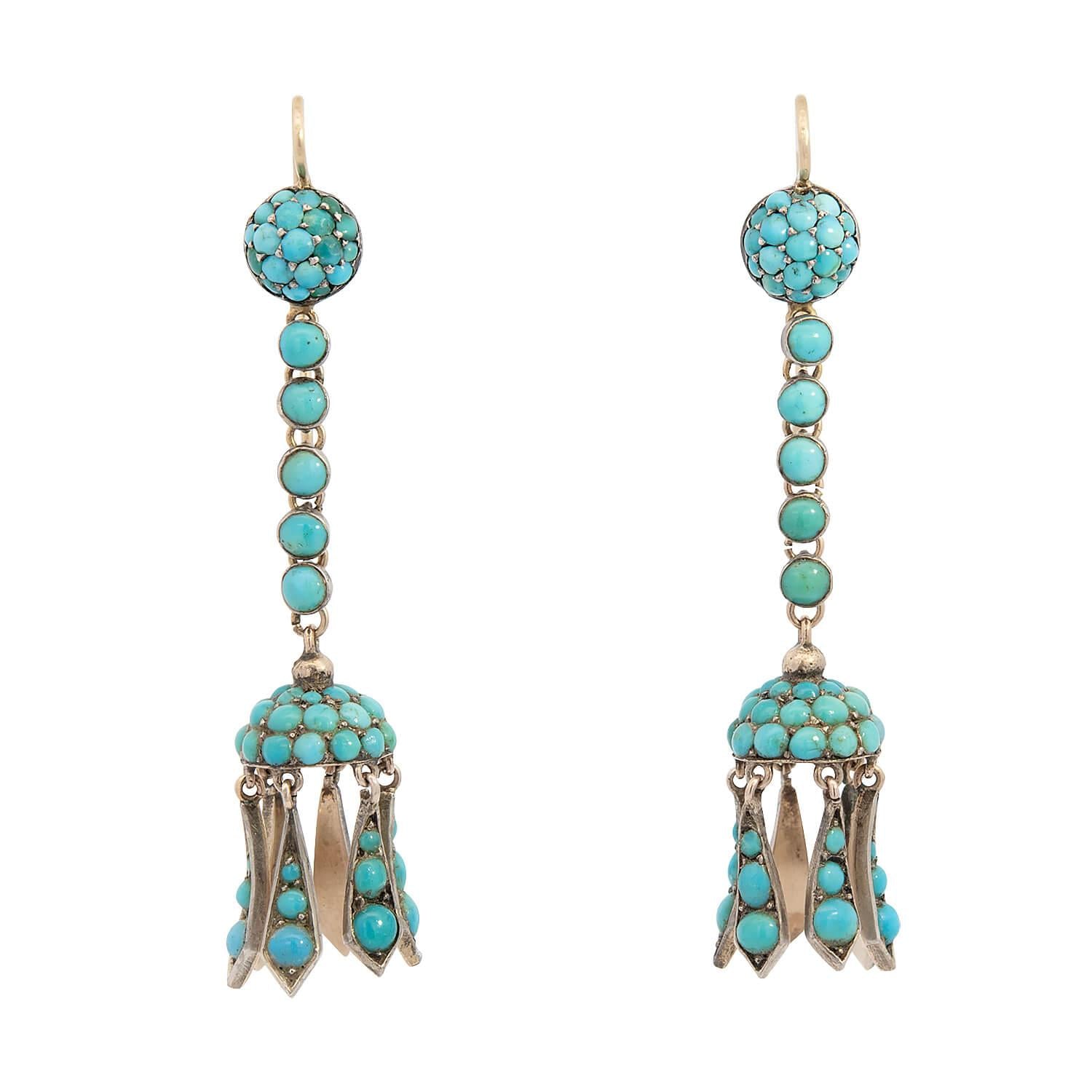 Victorian English 14k/Sterling Silver Turquoise Dangle Earring