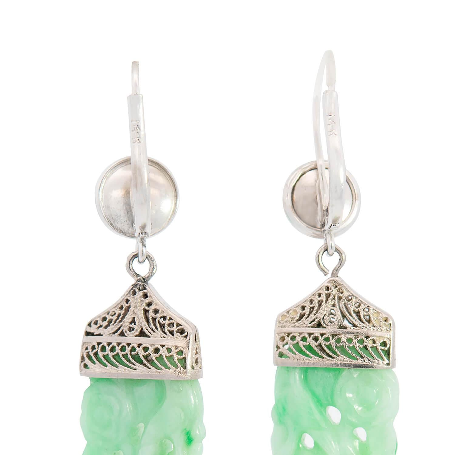 Art Deco 14k/ Platinum Carved Jade Earrings