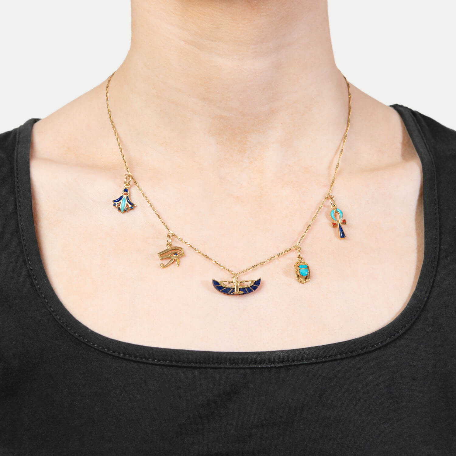 Vintage Egyptian 18k Enamel Charm Necklace