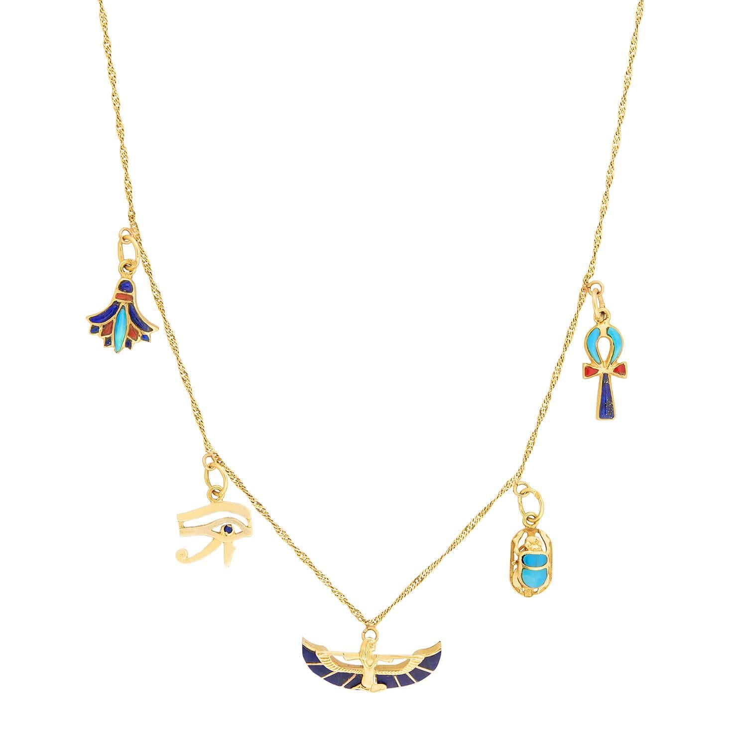 Vintage Egyptian 18k Enamel Charm Necklace