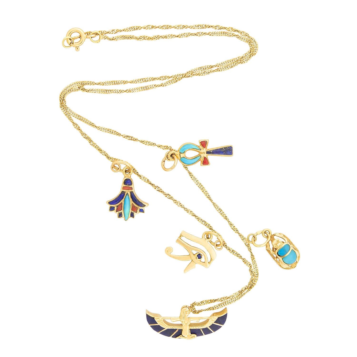 Vintage Egyptian 18k Enamel Charm Necklace