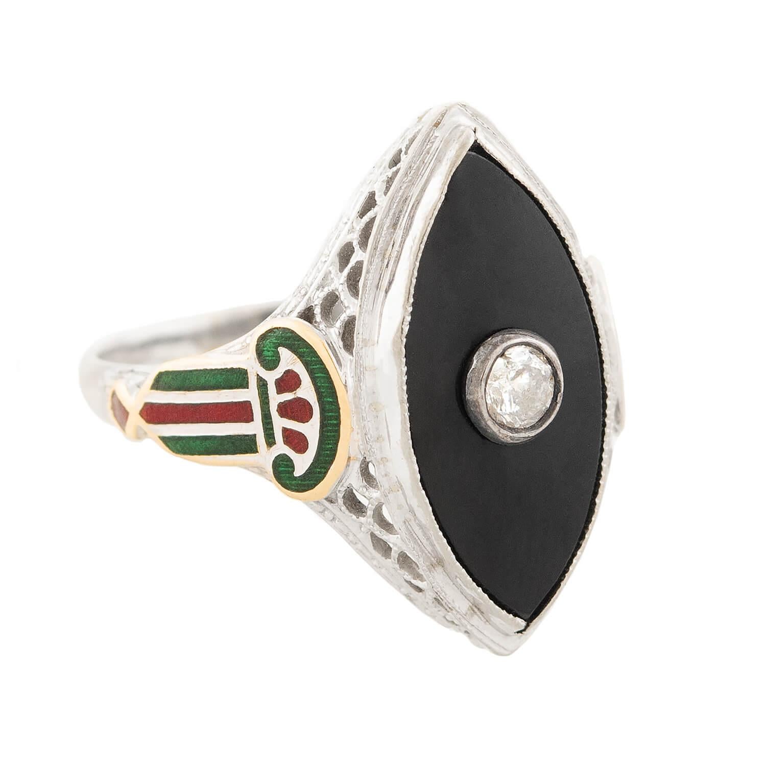 Art Deco 14k Onyx, Diamond, and Enamel Navette Ring