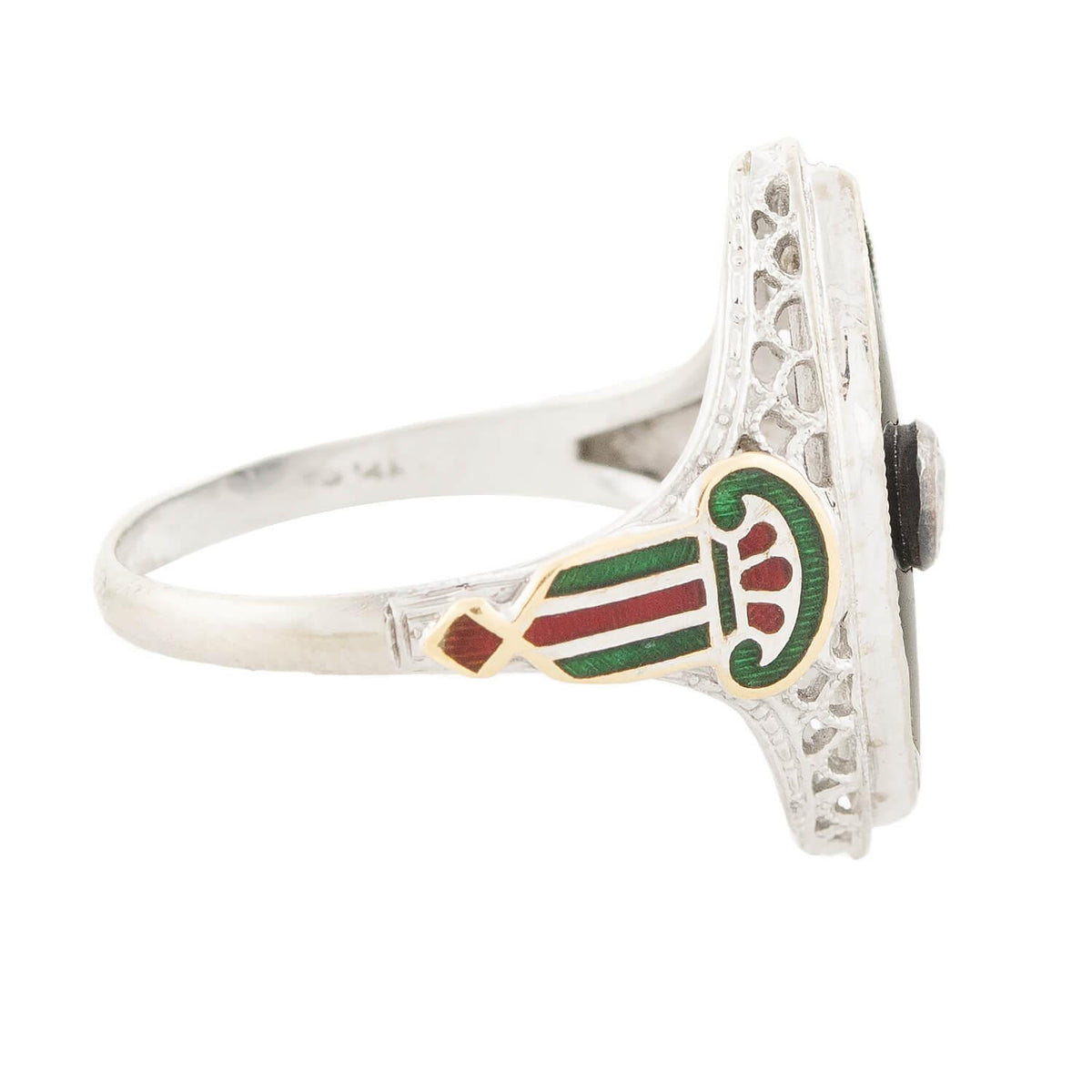 Art Deco 14k Onyx, Diamond, and Enamel Navette Ring