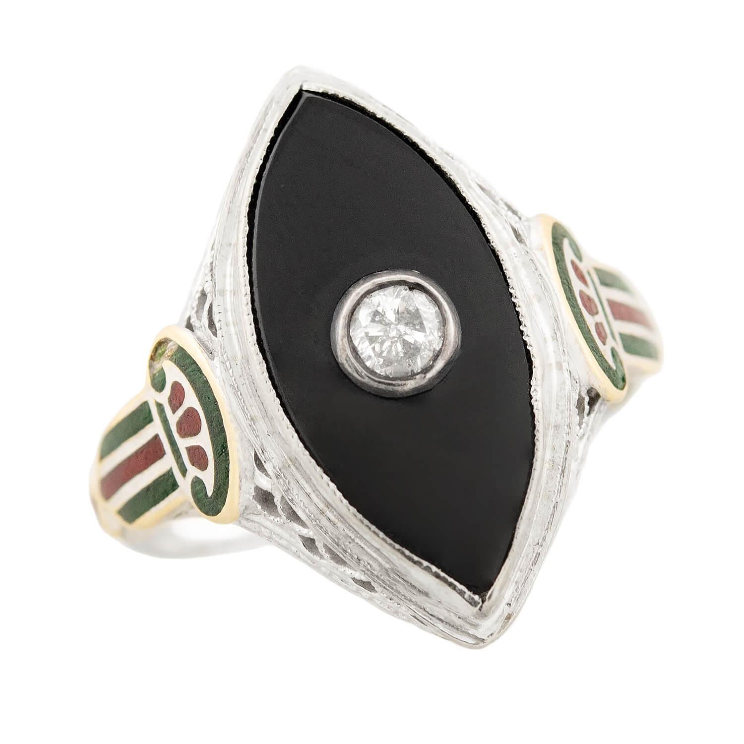 Art Deco 14k Onyx, Diamond, and Enamel Navette Ring