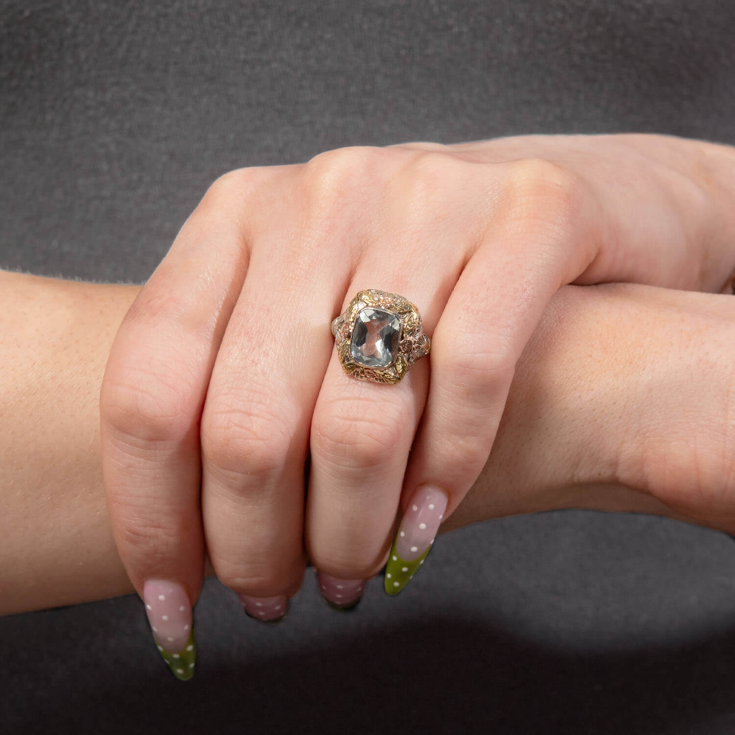 Art Nouveau Mixed Metal 10k 3.50ct Aqua Ring