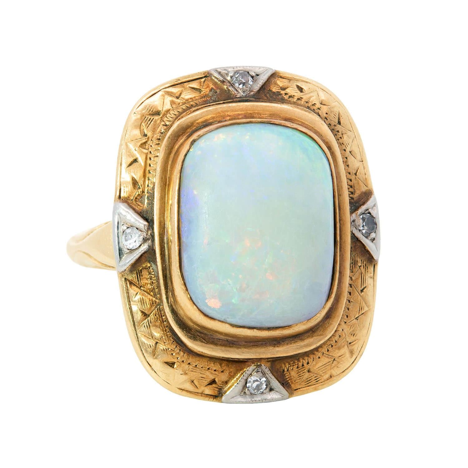 Art Deco Mixed Metal Opal and Diamond Cocktail Ring