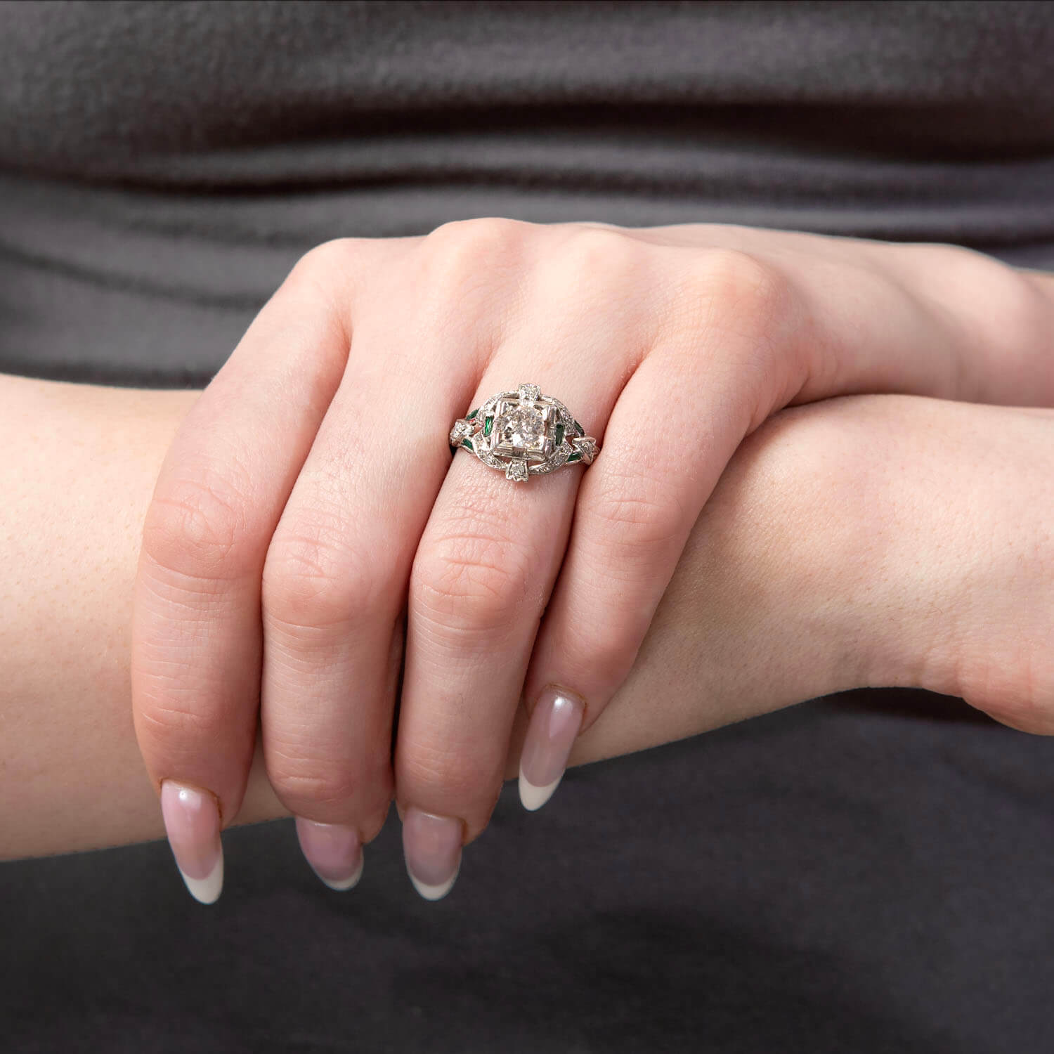 Art Deco Platinum Diamond & Emerald Engagement Ring .80ct