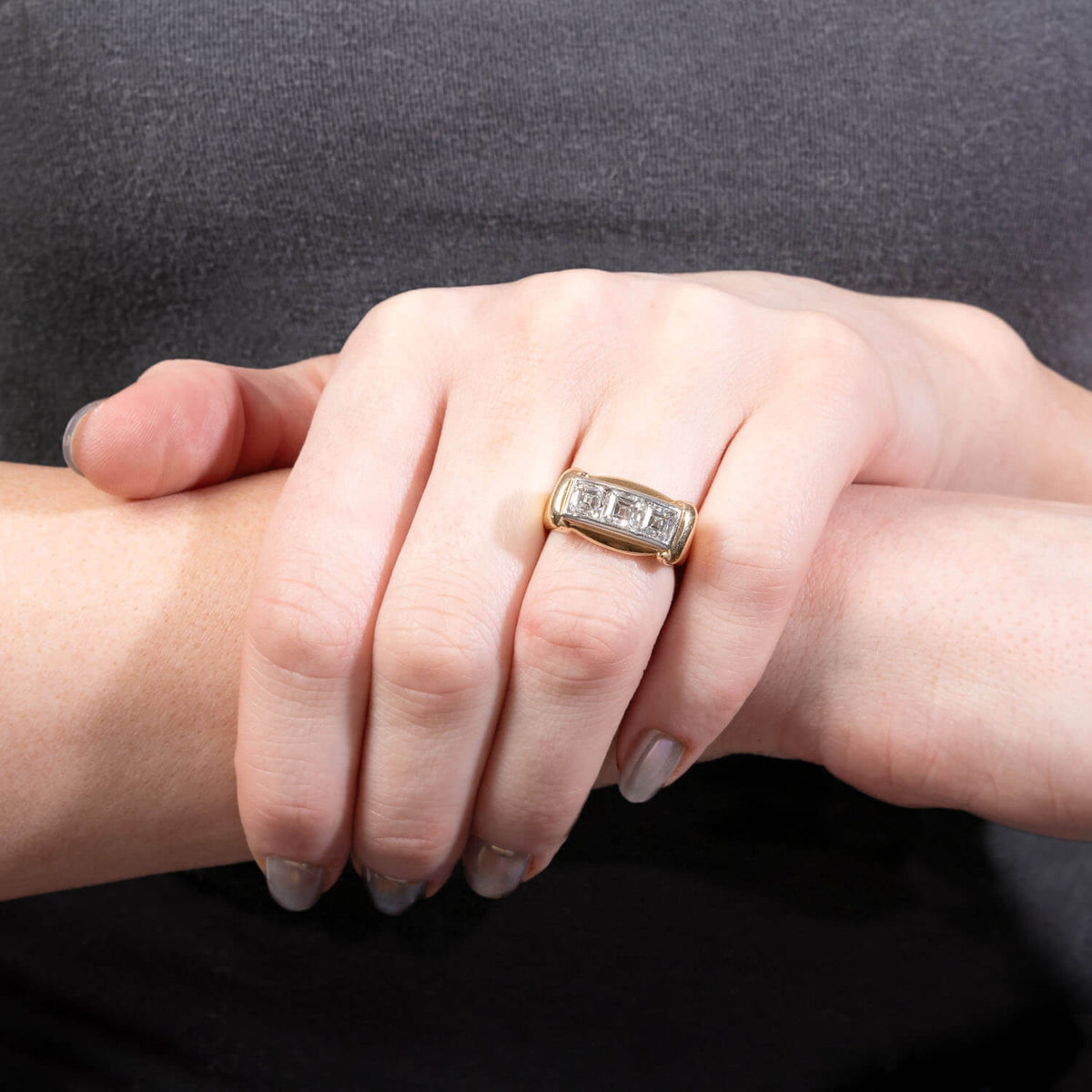 Retro 14k & Palladium Diamond Three Stone Ring