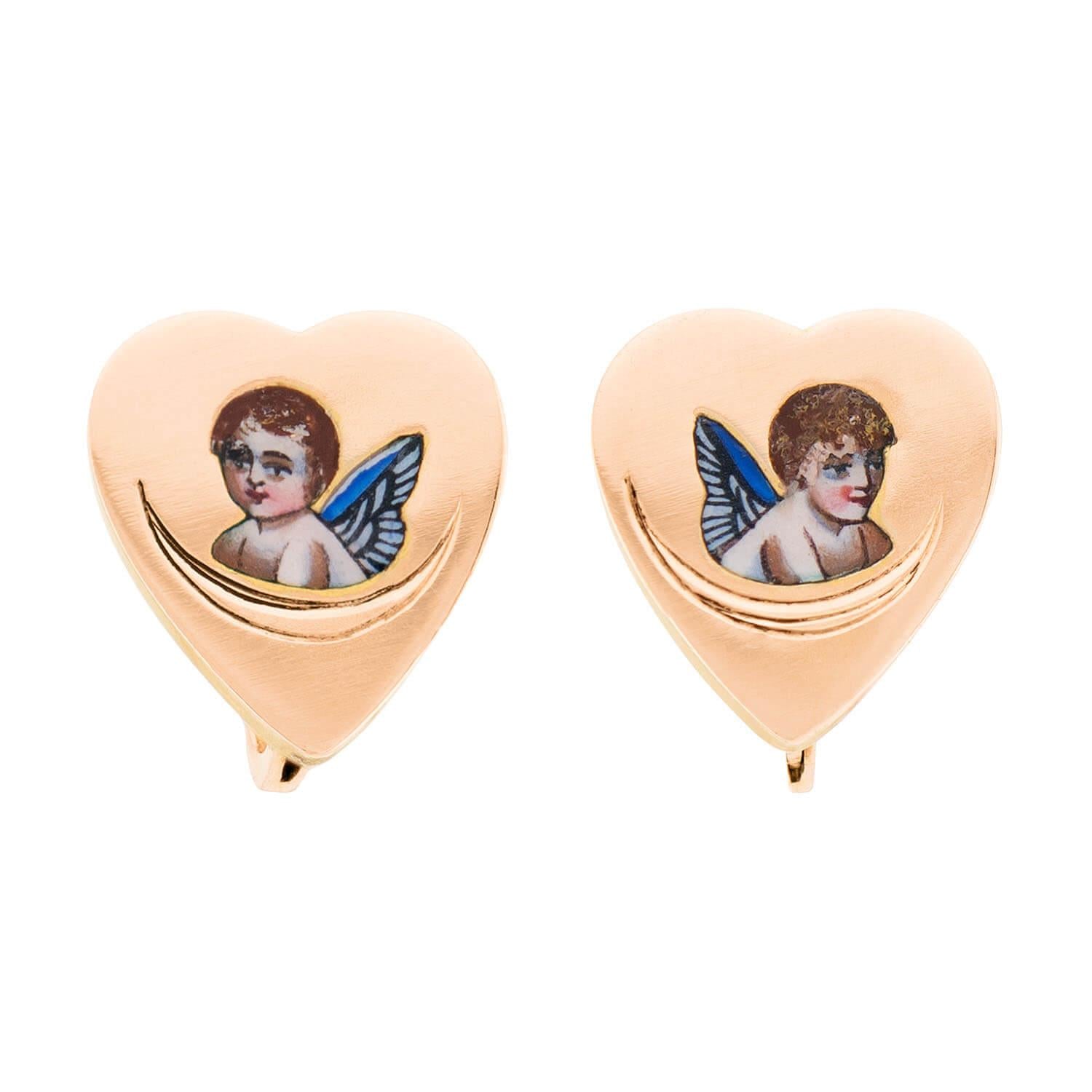 Victorian 14k Enamel Heart Motif Cherub Earrings