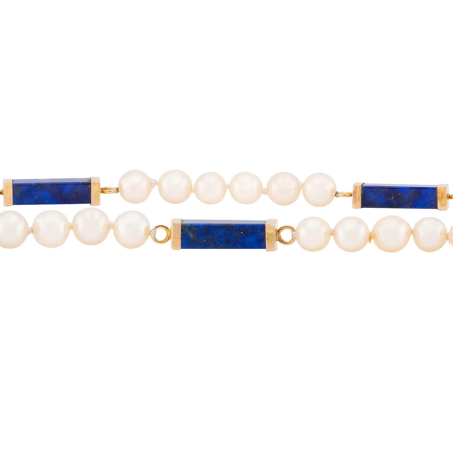 Estate 14k Pearl and Lapis Lazuli Bead Necklace