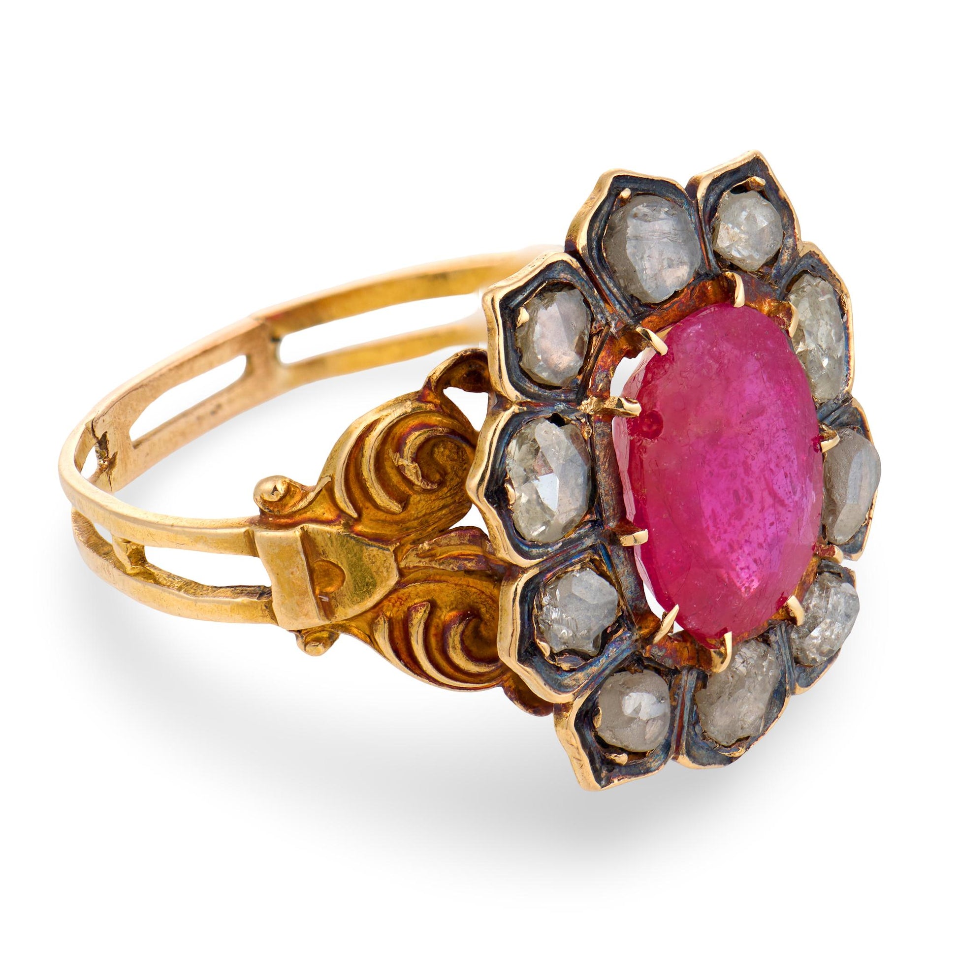 Georgian 18k/Sterling Silver Ruby & Diamond Halo Ring