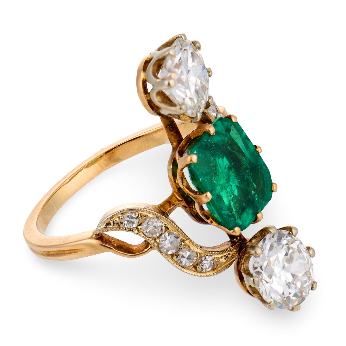 Art Nouveau French 18k/Platinum Emerald & Diamond Navette Ring