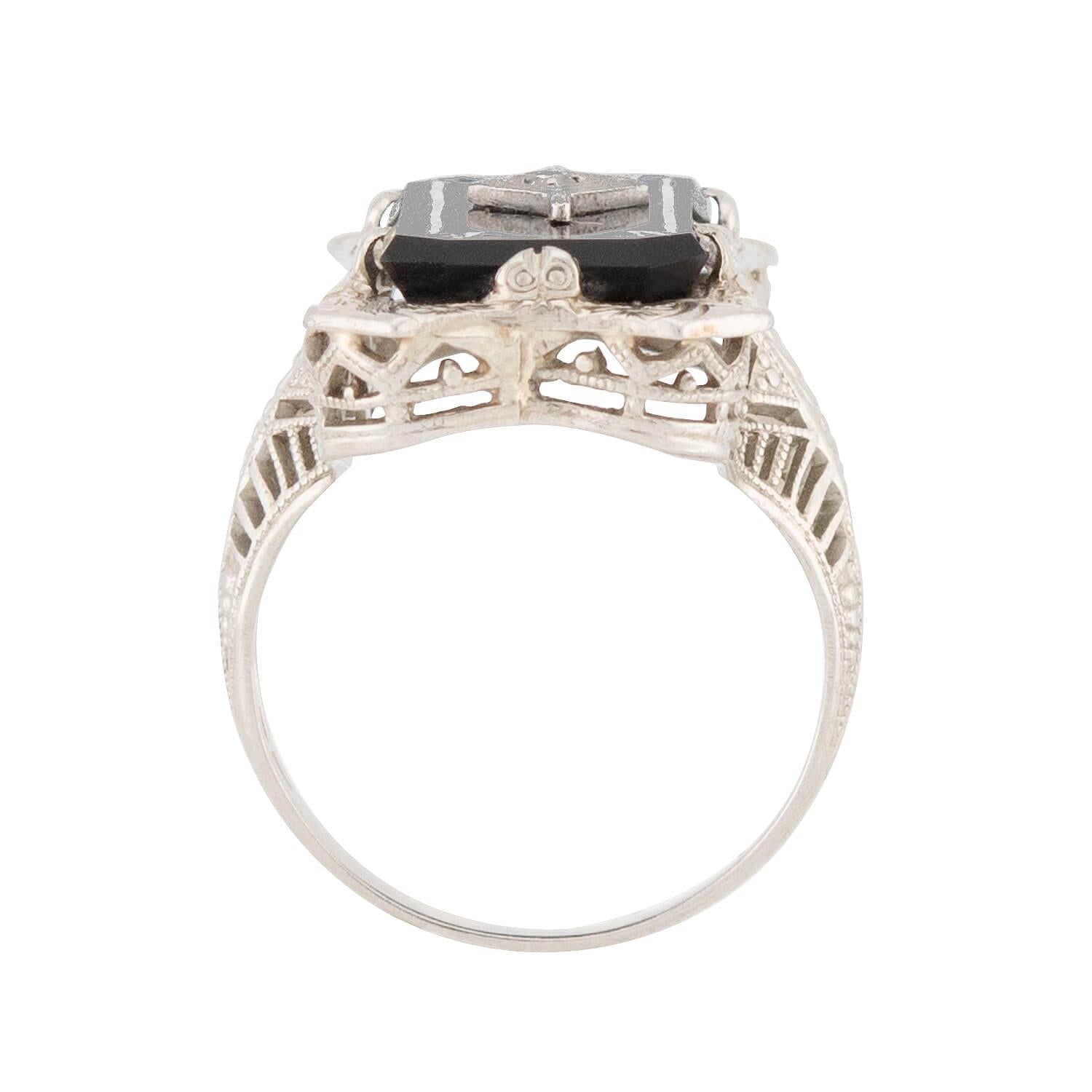 Art Deco 14k Onyx and Diamond Filigree Ring