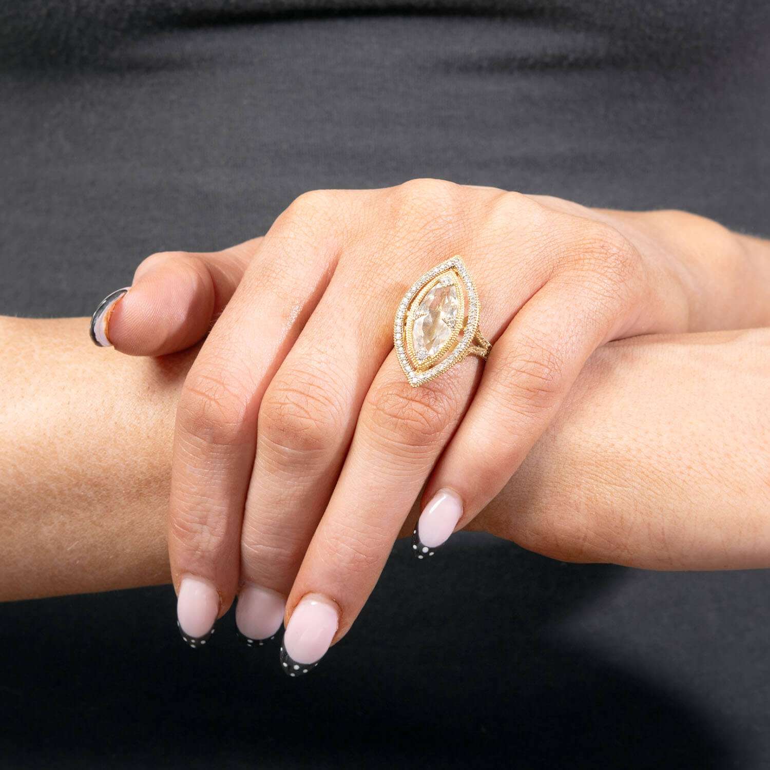 JUDE FRANCES Estate 18k White Topaz and Diamond Navette Ring