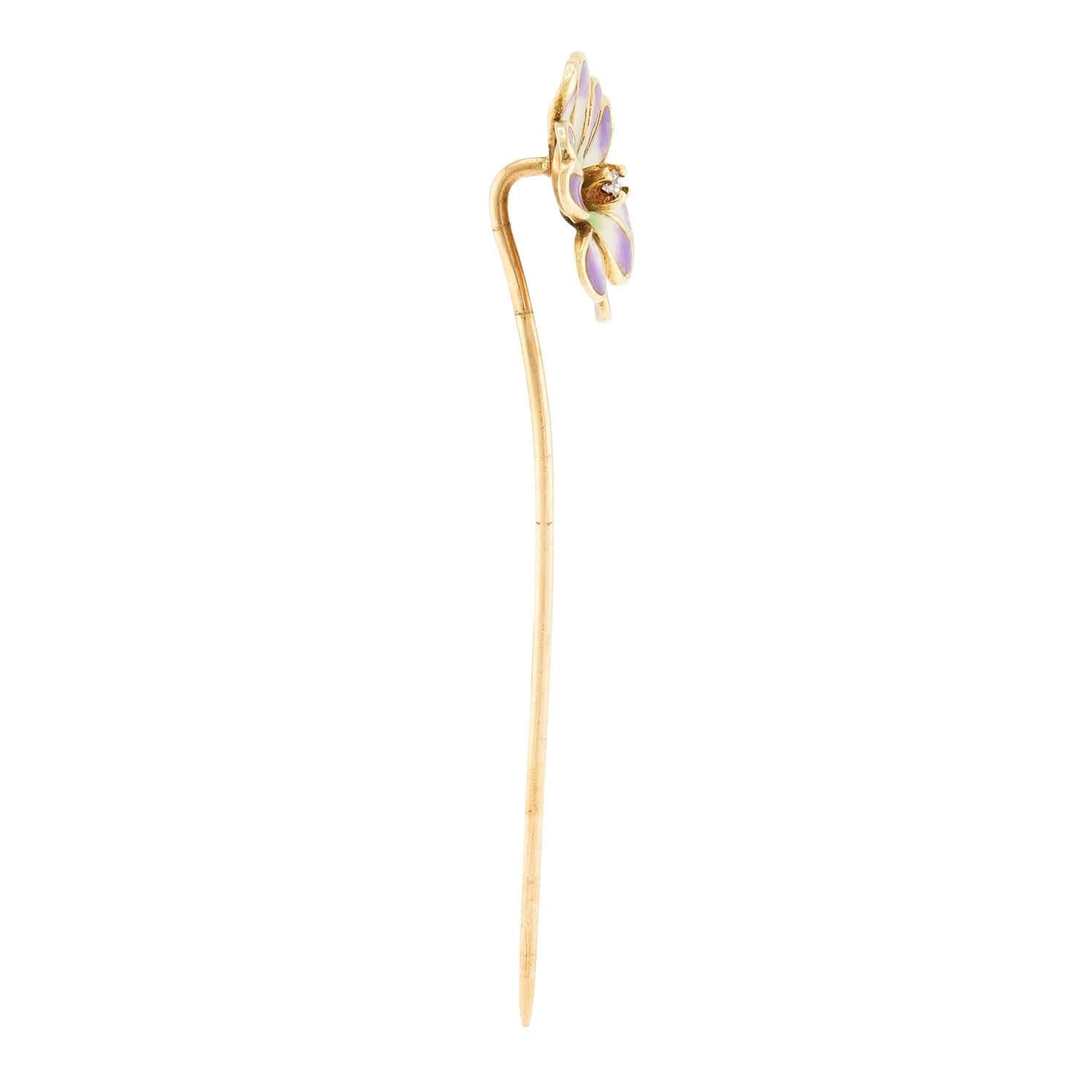 Art Nouveau 14k Diamond and Enamel Flower Stickpin