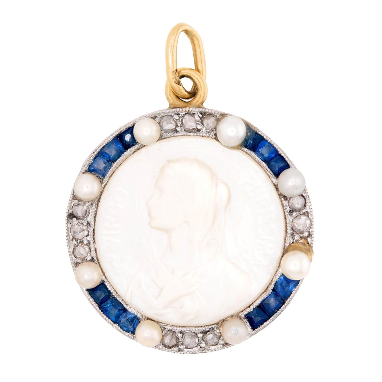 Art Deco 18k Mother of Pearl, Pearl, Sapphire, and Diamond Cameo Pendant