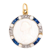 Art Deco 18k Mother of Pearl, Pearl, Sapphire, and Diamond Cameo Pendant
