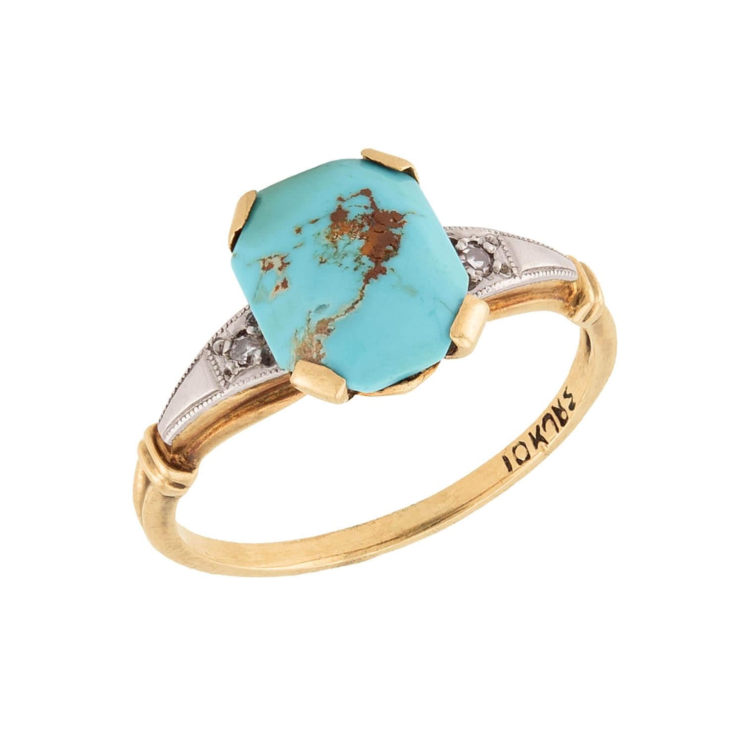 Edwardian 10k/Platinum Turquoise & Diamond Ring