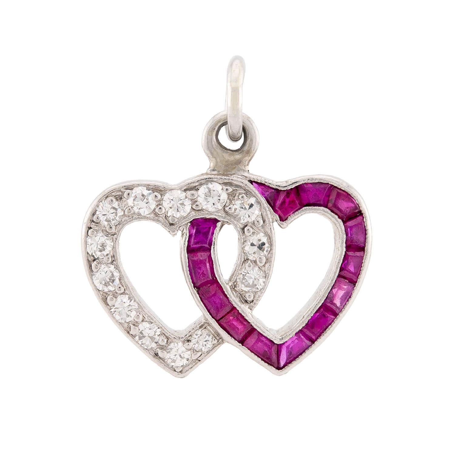 Retro Platinum Diamond & Ruby Double Heart Pendant/Charm
