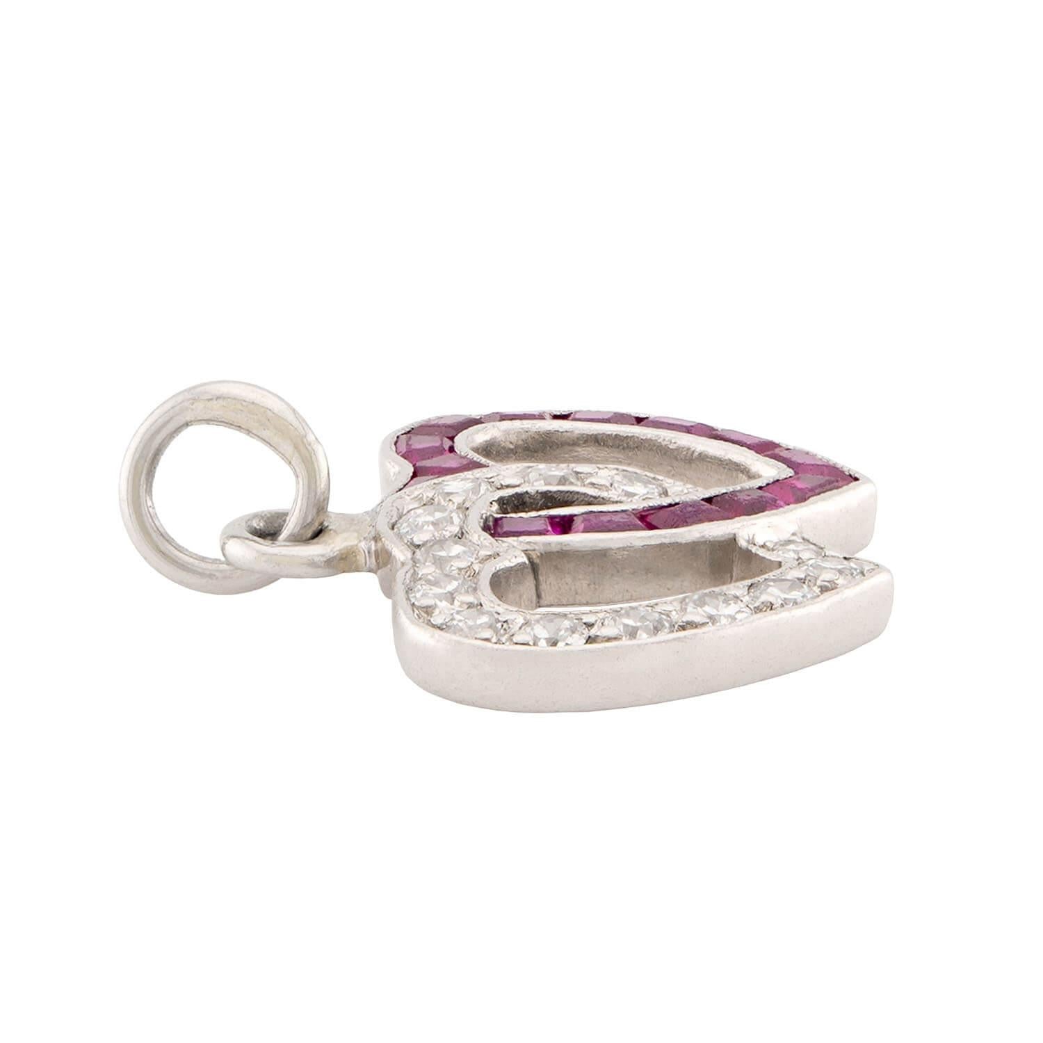 Retro Platinum Diamond & Ruby Double Heart Pendant/Charm