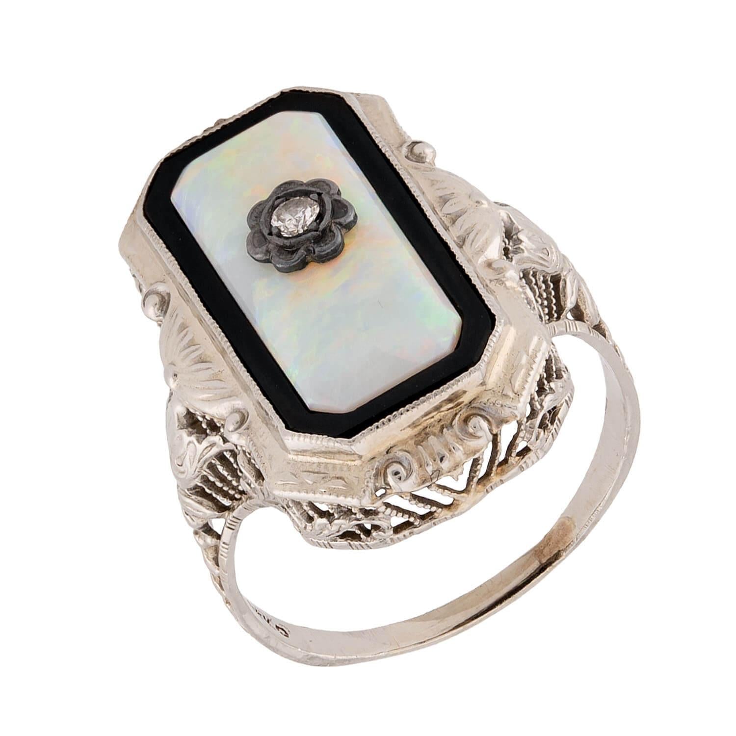 Art Deco 14k Opal, Onyx, and Diamond Filigree Ring