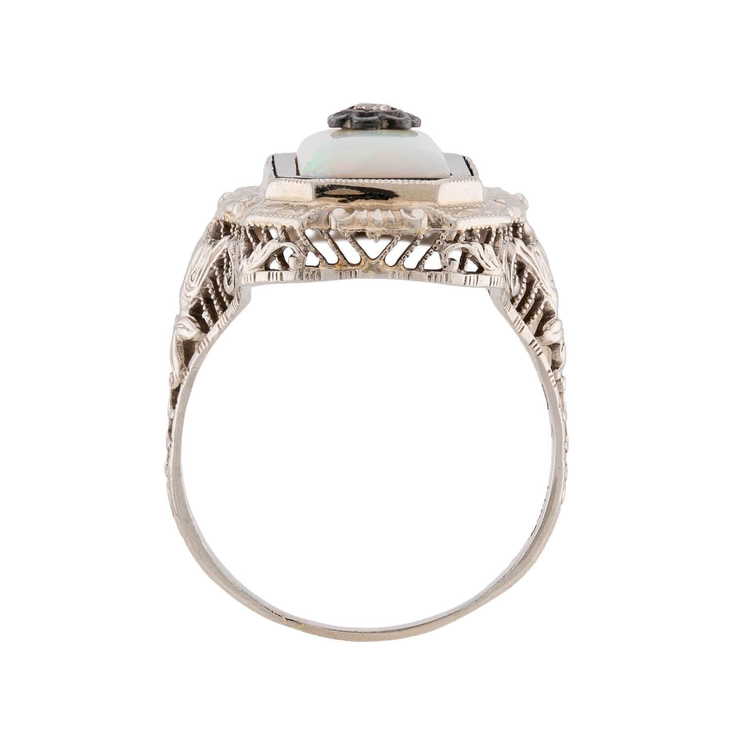 Art Deco 14k Opal, Onyx, and Diamond Filigree Ring