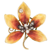 Victorian 14k Diamond, Pearl, and Enamel Flower Pin