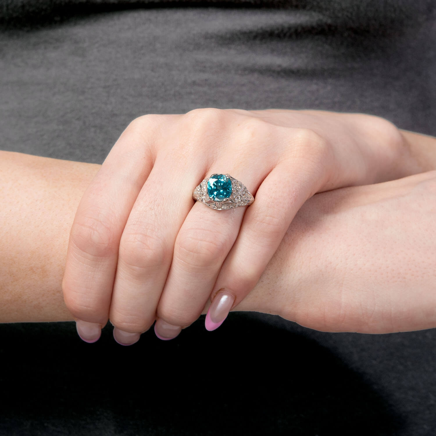 Art Deco Platinum Mounting Zircon & Diamond Ring