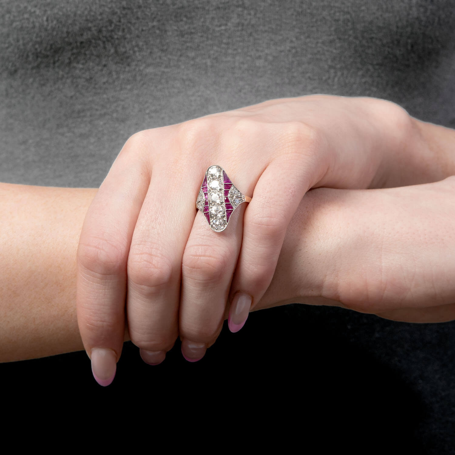 Edwardian 18k/Platinum Ruby & Diamond Navette Ring