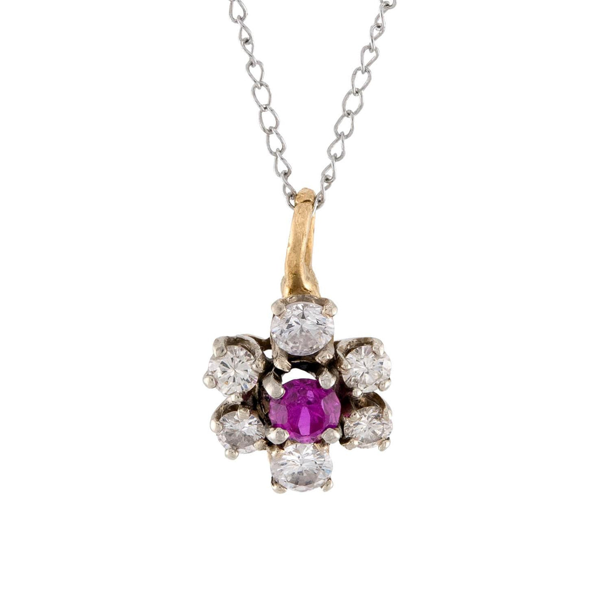 Victorian 14k Ruby and Diamond Floral-Motif Pendant Necklace