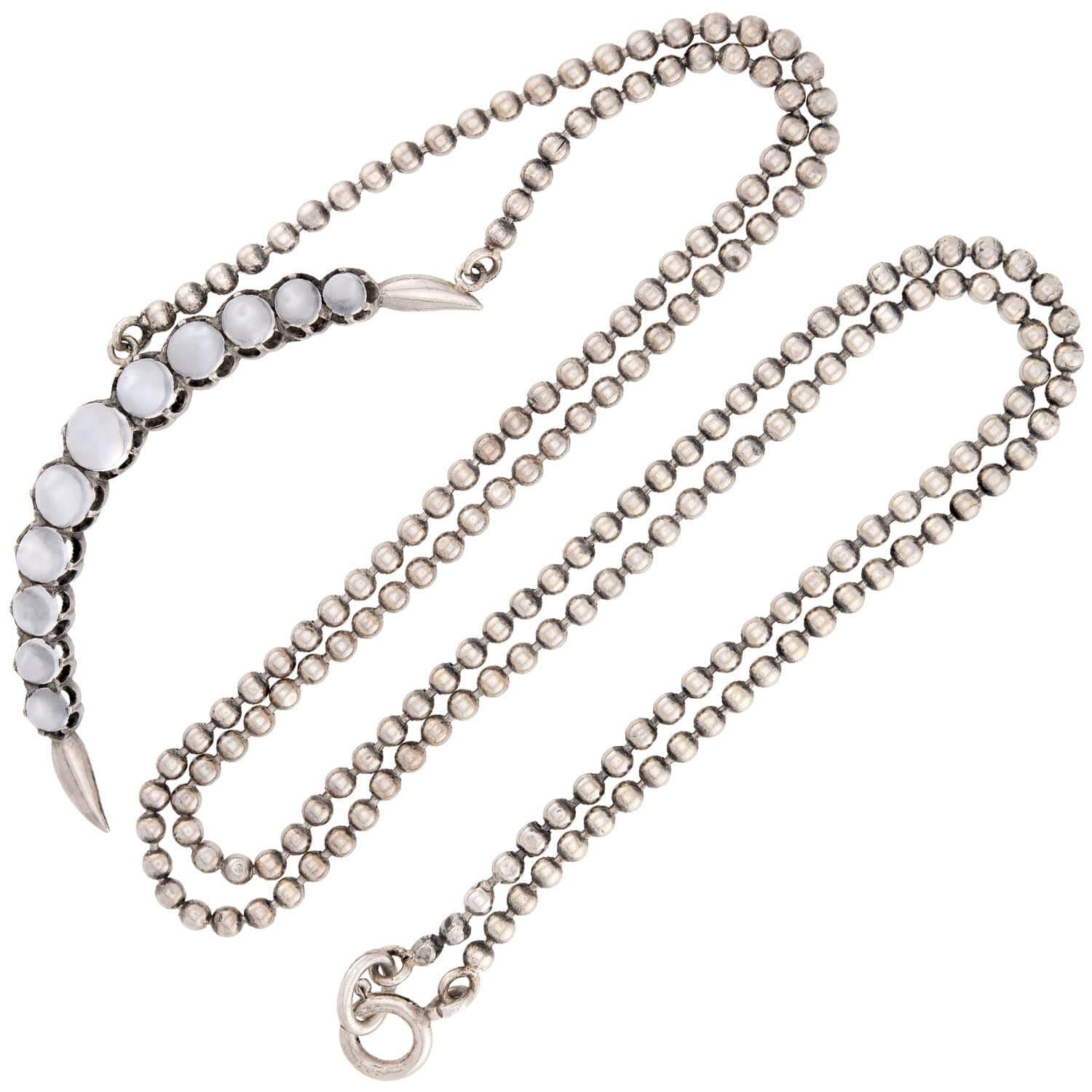 Victorian Sterling Silver Moonstone Crescent Pendant Necklace