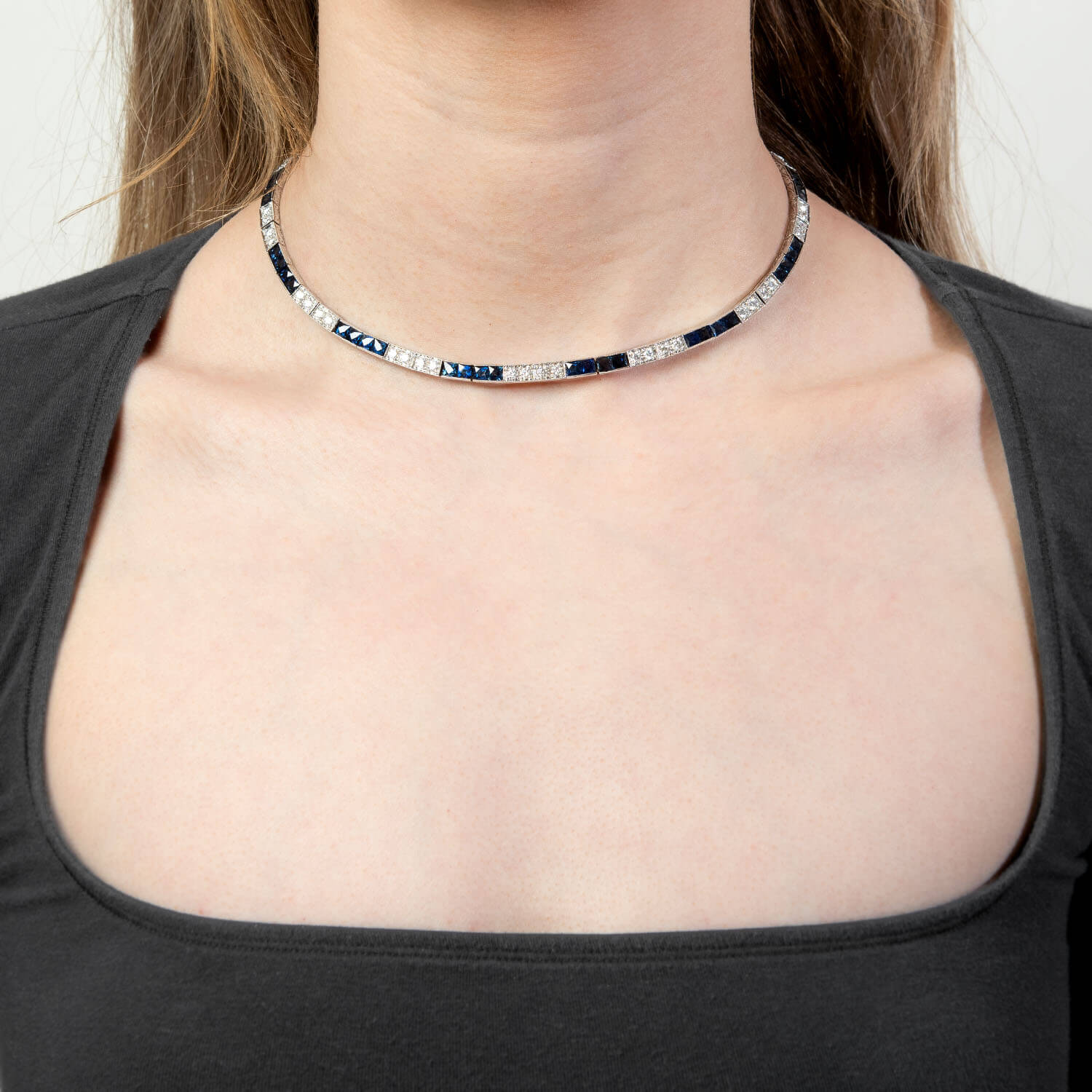 Art Deco 14k Diamond & Sapphire Tennis Necklace