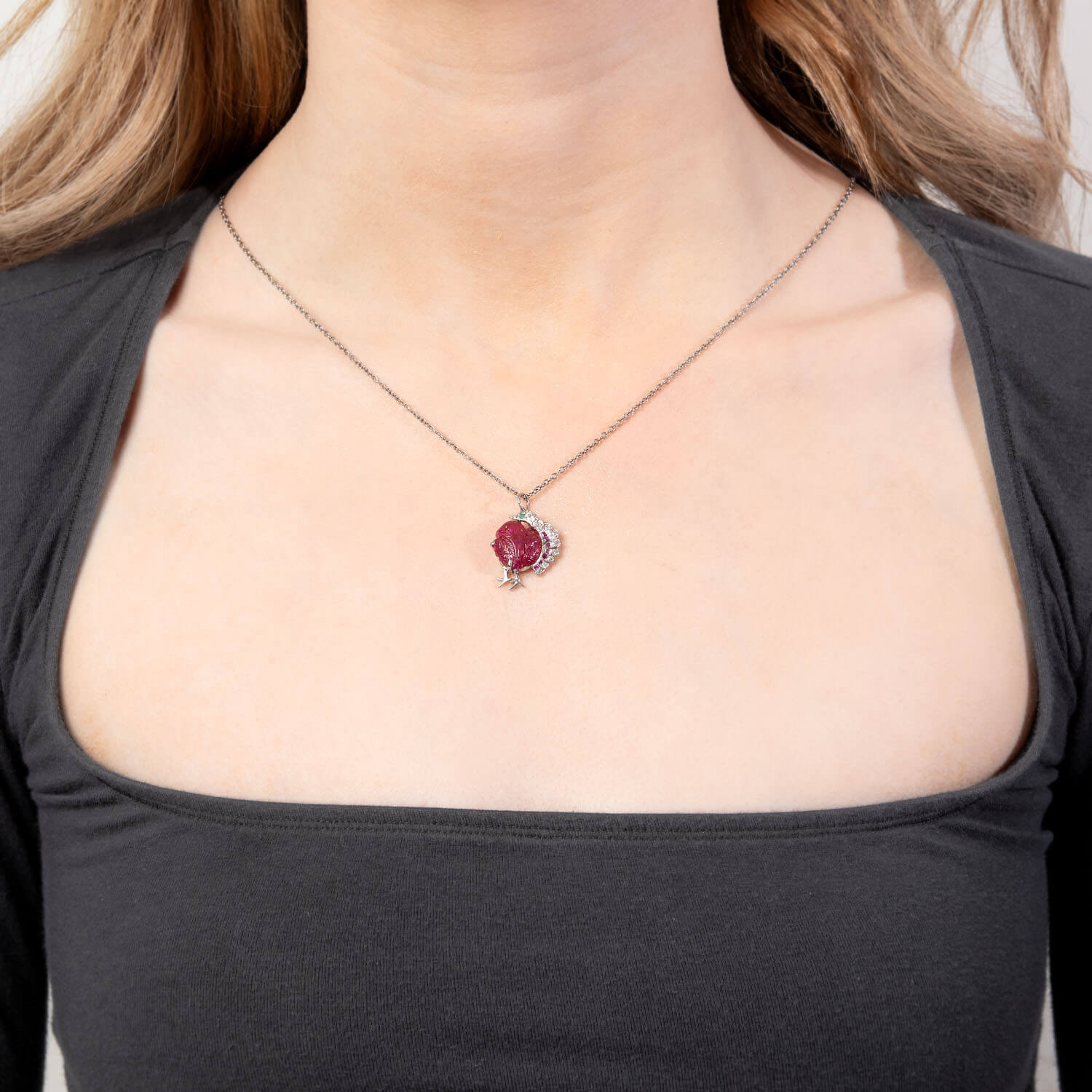 Art Deco Platinum Ruby, Emerald, & Diamond Turkey Pendant/Charm