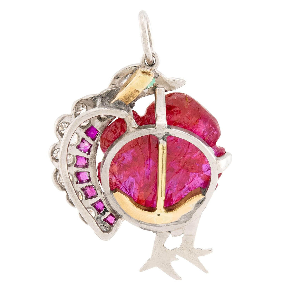Retro Platinum Ruby, Emerald, & Diamond Turkey Pendant/Charm