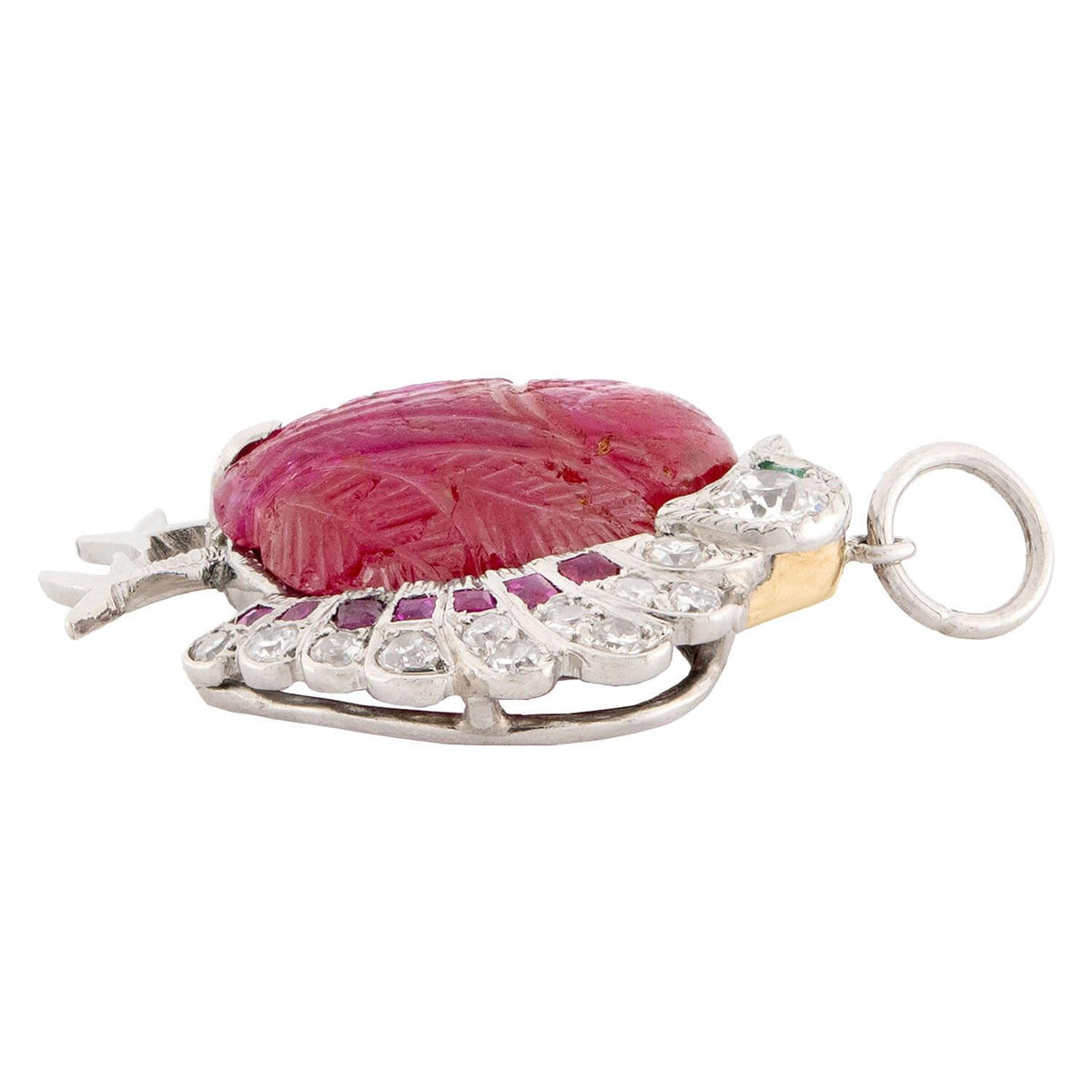 Retro Platinum Ruby, Emerald, & Diamond Turkey Pendant/Charm