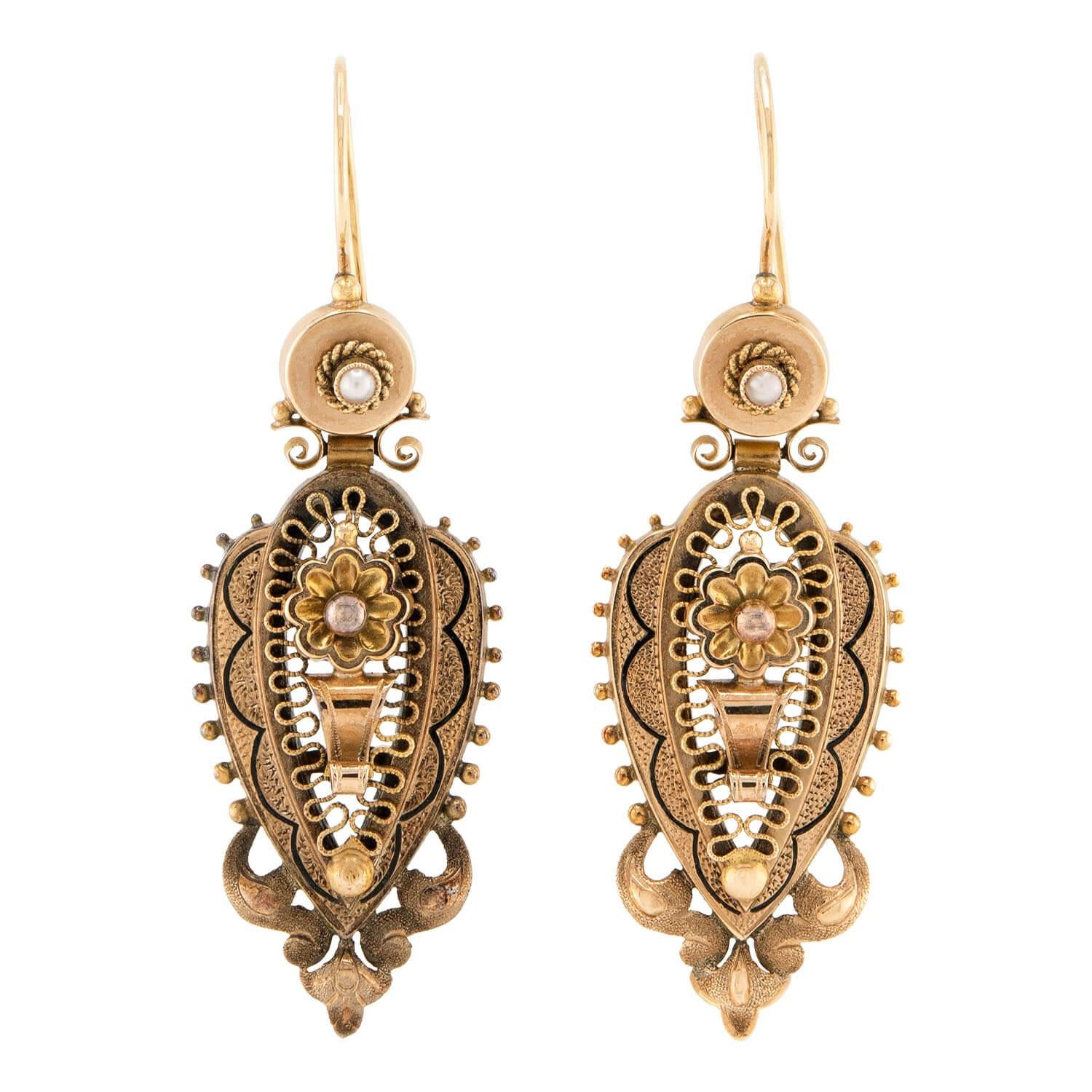 Victorian 14k Etruscan Enamel & Pearl Earrings