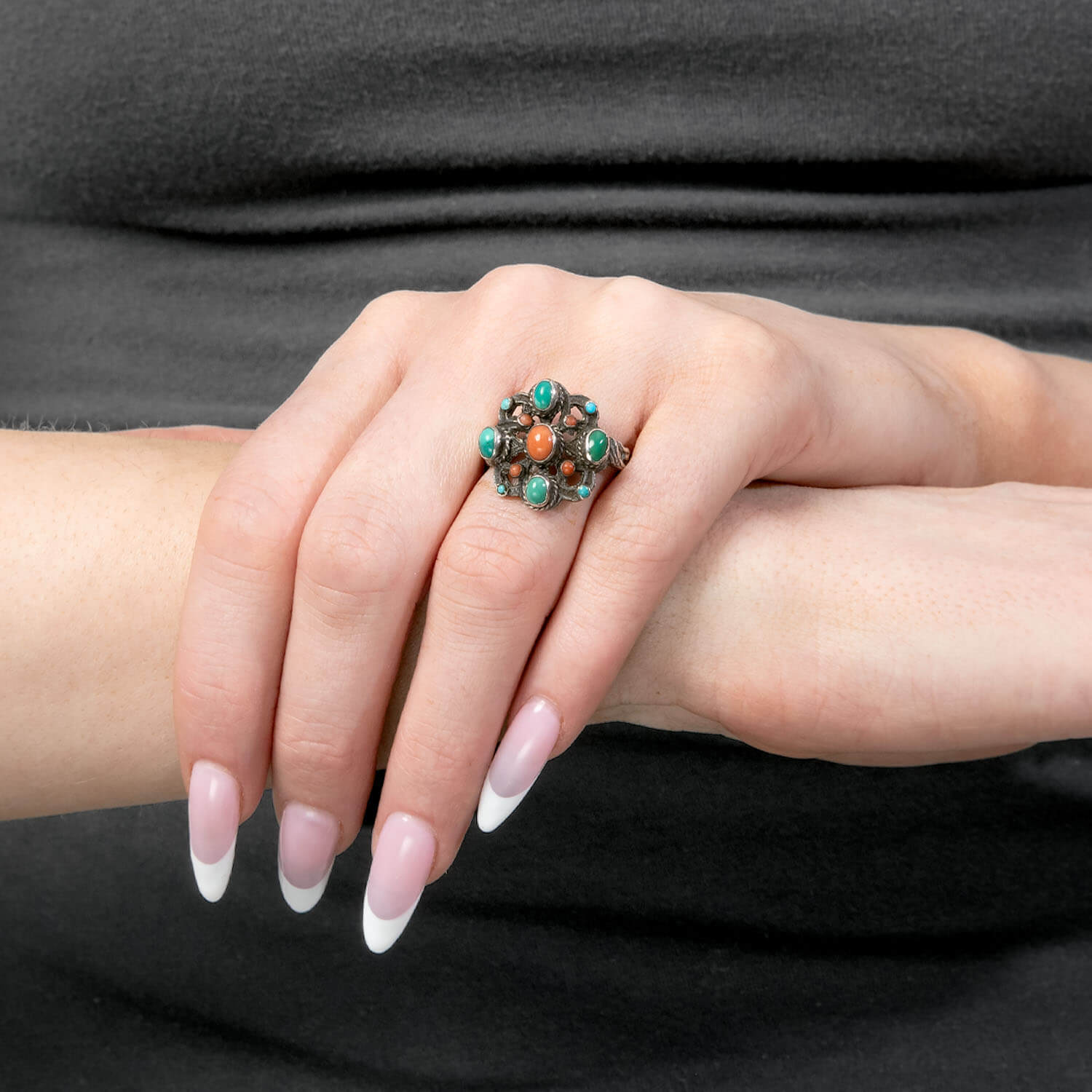 Art Deco English Sterling Silver Coral & Turquoise Ring