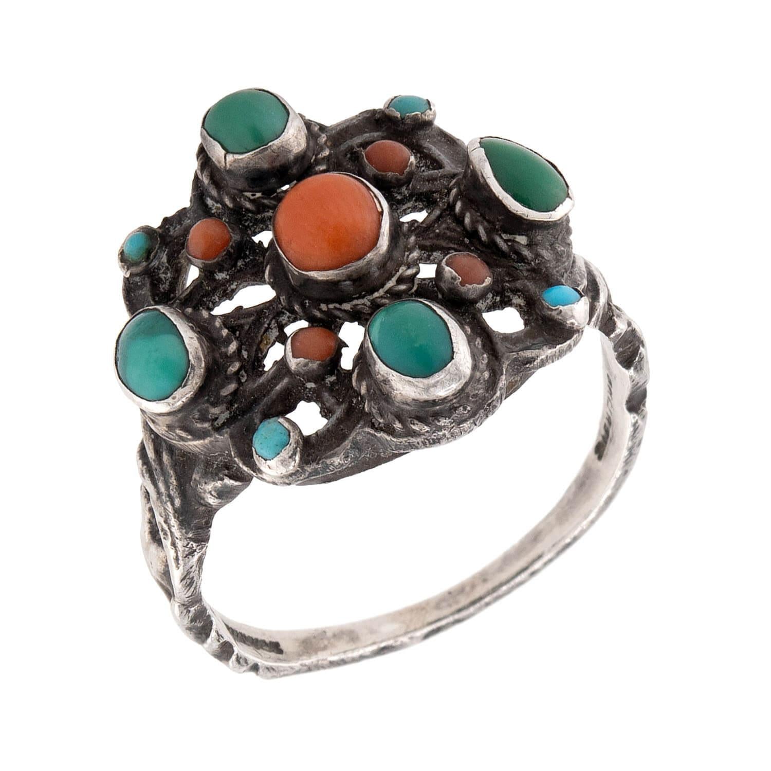 Art Deco English Sterling Silver Coral & Turquoise Ring