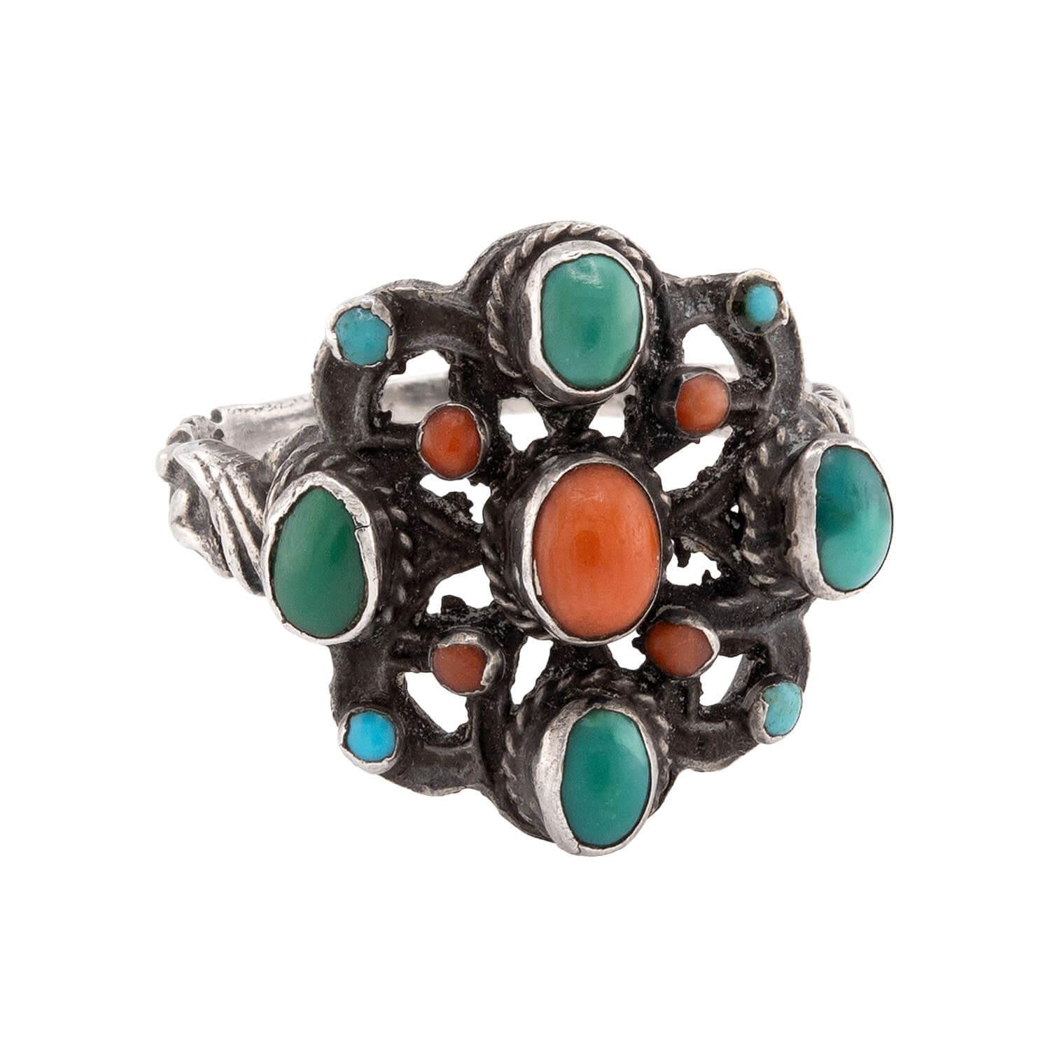 Art Deco English Sterling Silver Coral & Turquoise Ring