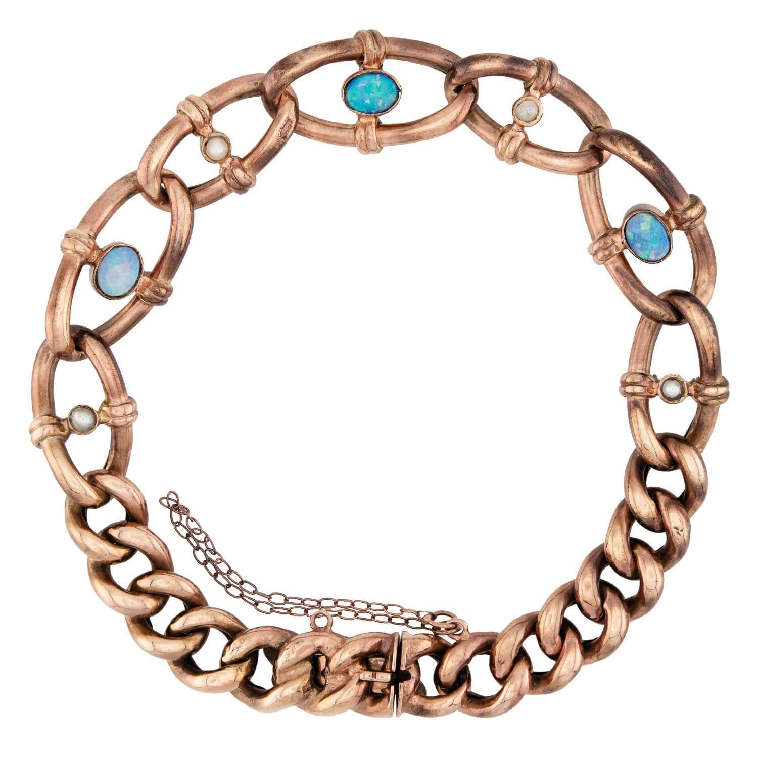 Edwardian 9k Opal & Pearl Link Bracelet