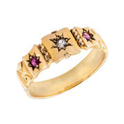 Victorian English 18k Ruby & Diamond Starburst-Motif Ring