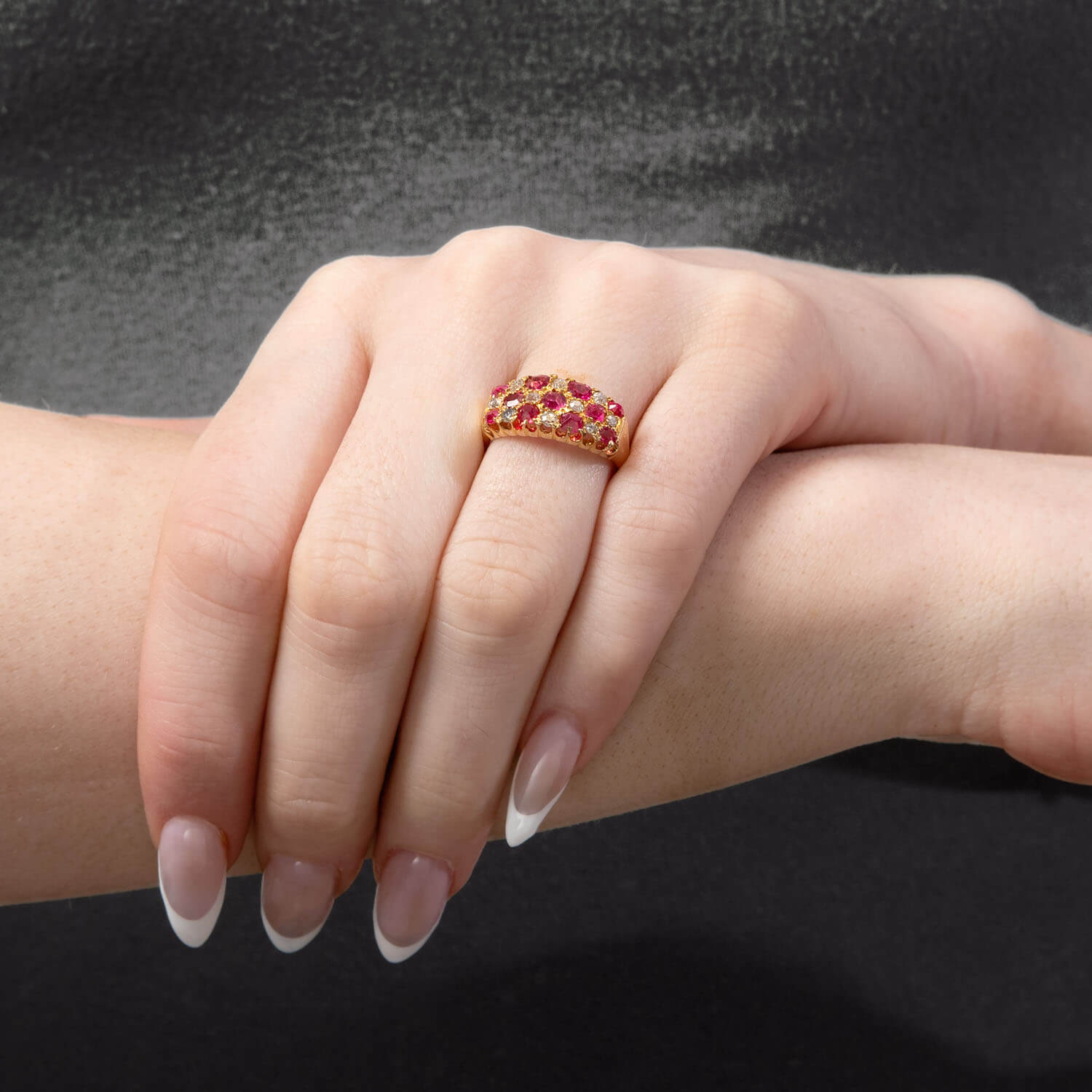 Edwardian English 18k Ruby & Diamond Checkerboard Ring